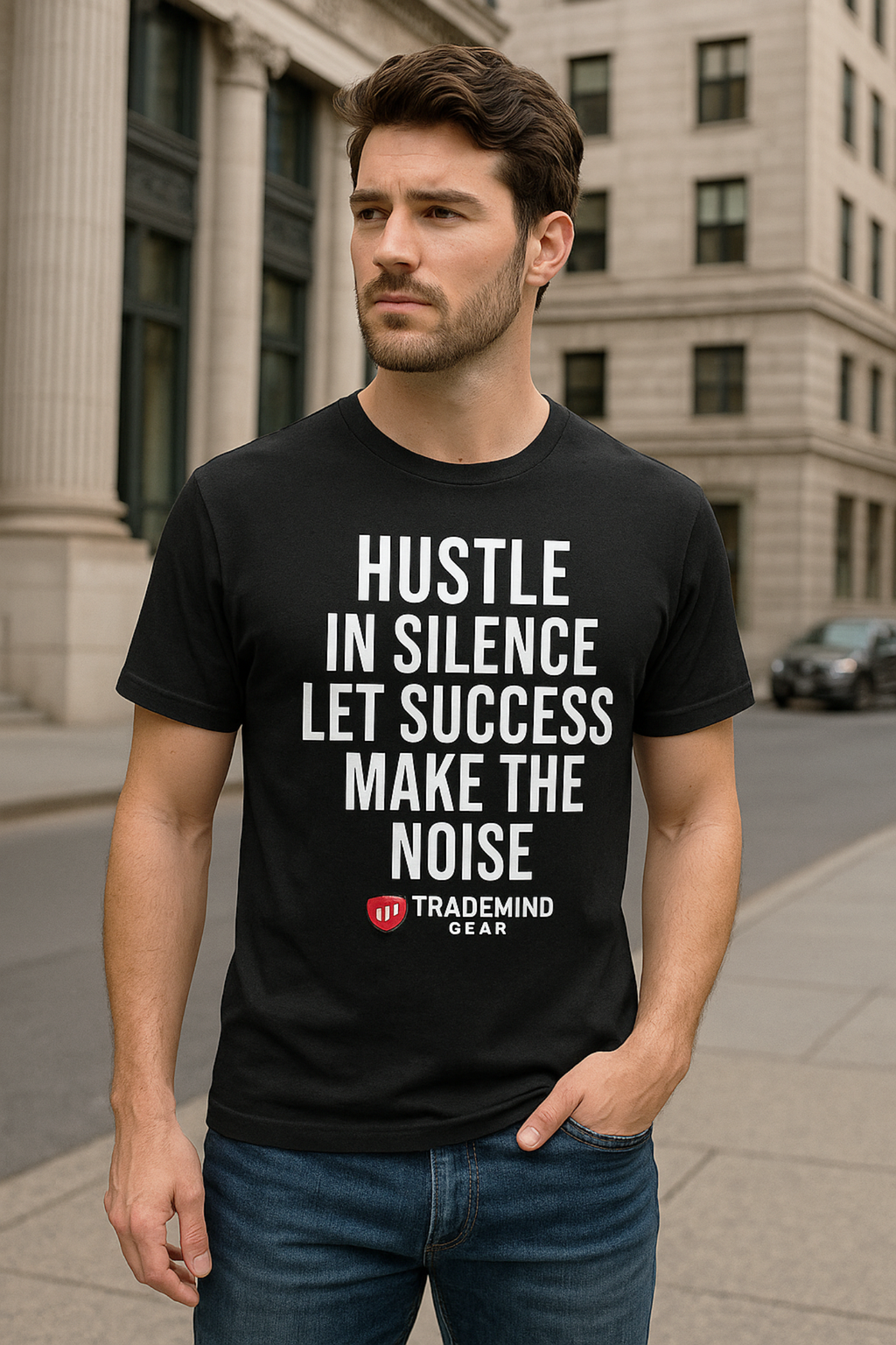 “Hustle in Silence” – Motivational Quote T-Shirt