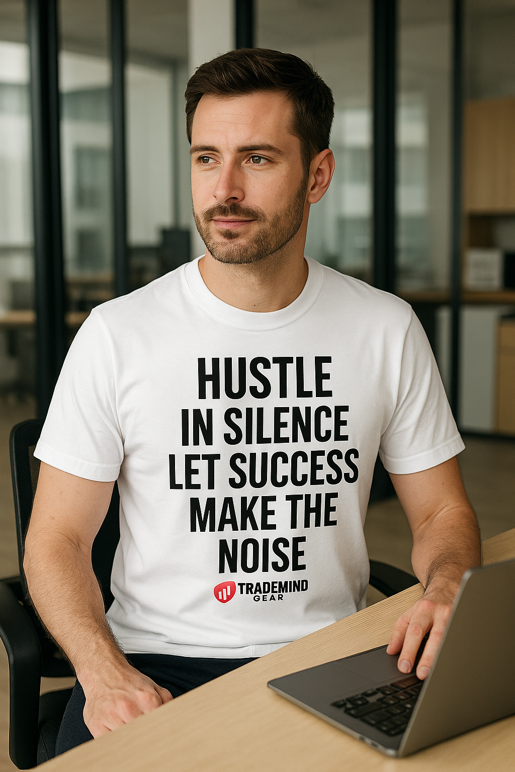 “Hustle in Silence” – Motivational Quote T-Shirt